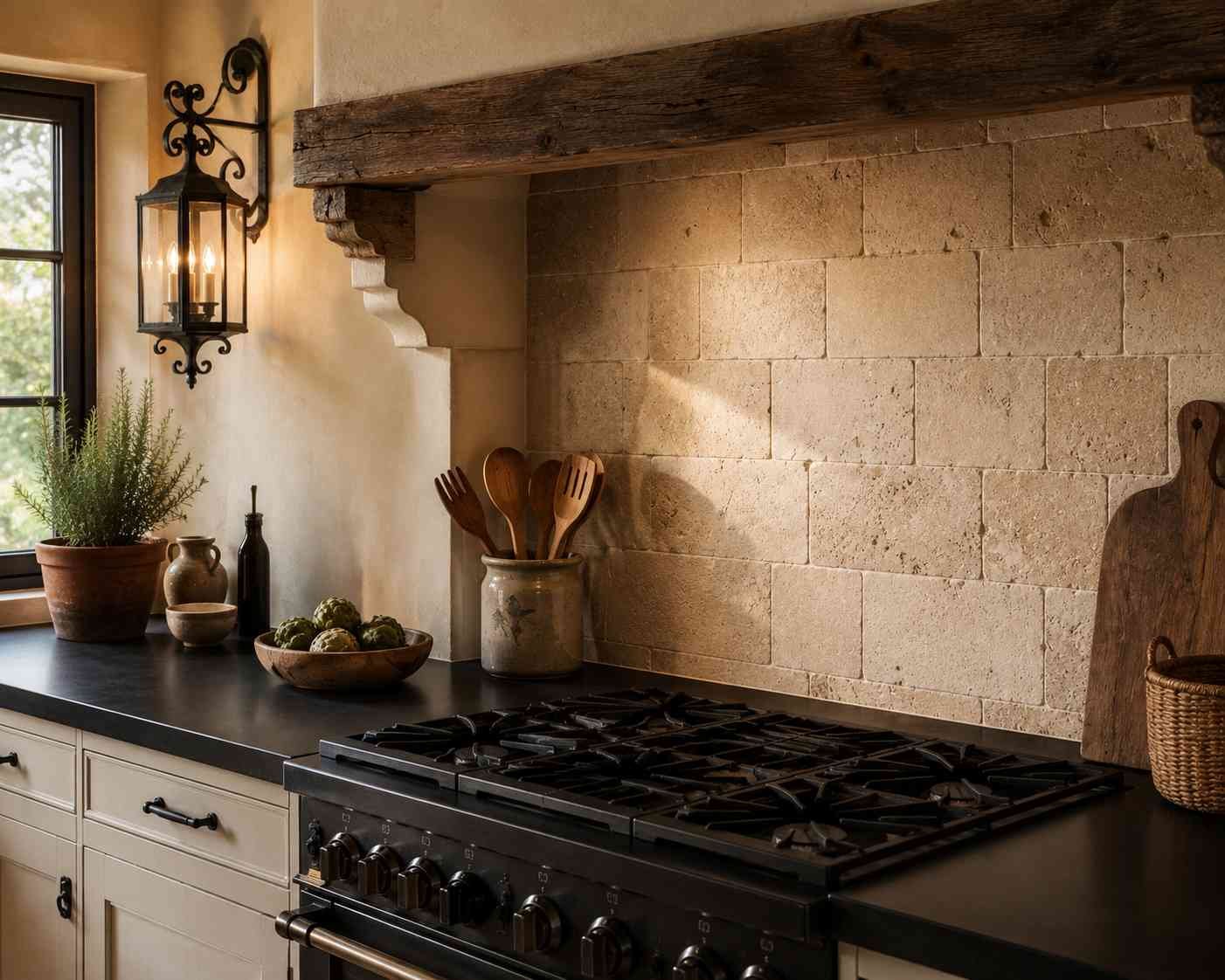 Mediterranean-style kitchen with a warm beige travertine tile backsplash, matte black countertop, rustic wood beam, wrought-iron wall lantern, terracotta herb pot, and natural daylight highlighting the stone's textured surface.