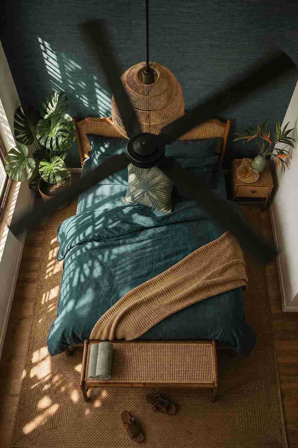 An overhead view of a cozy tropical-inspired bedroom with deep teal bedding, a woven rattan bed frame, and lush green plants. A ceiling fan casts soft shadows across the room, while warm natural light, a textured rug, and woven accents create a calm, relaxing retreat.