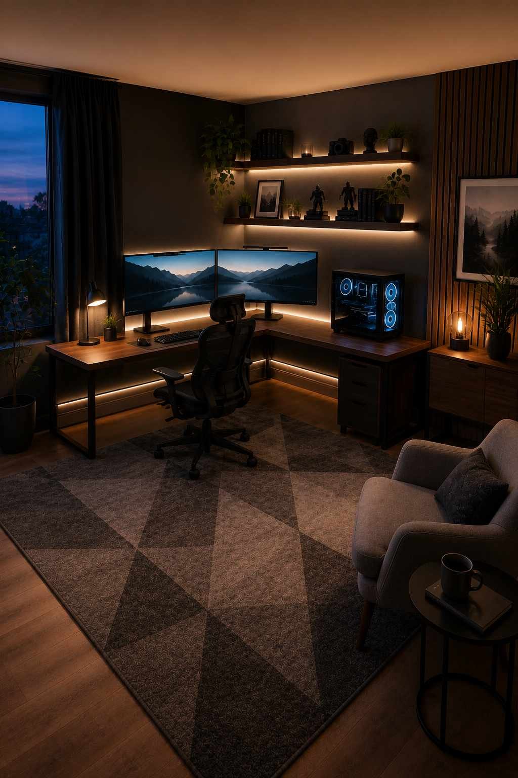 A cozy gaming room with an L-shaped corner desk, dual monitors, and a comfortable chair, creating a cockpit-style setup while keeping the rest of the room open and inviting.