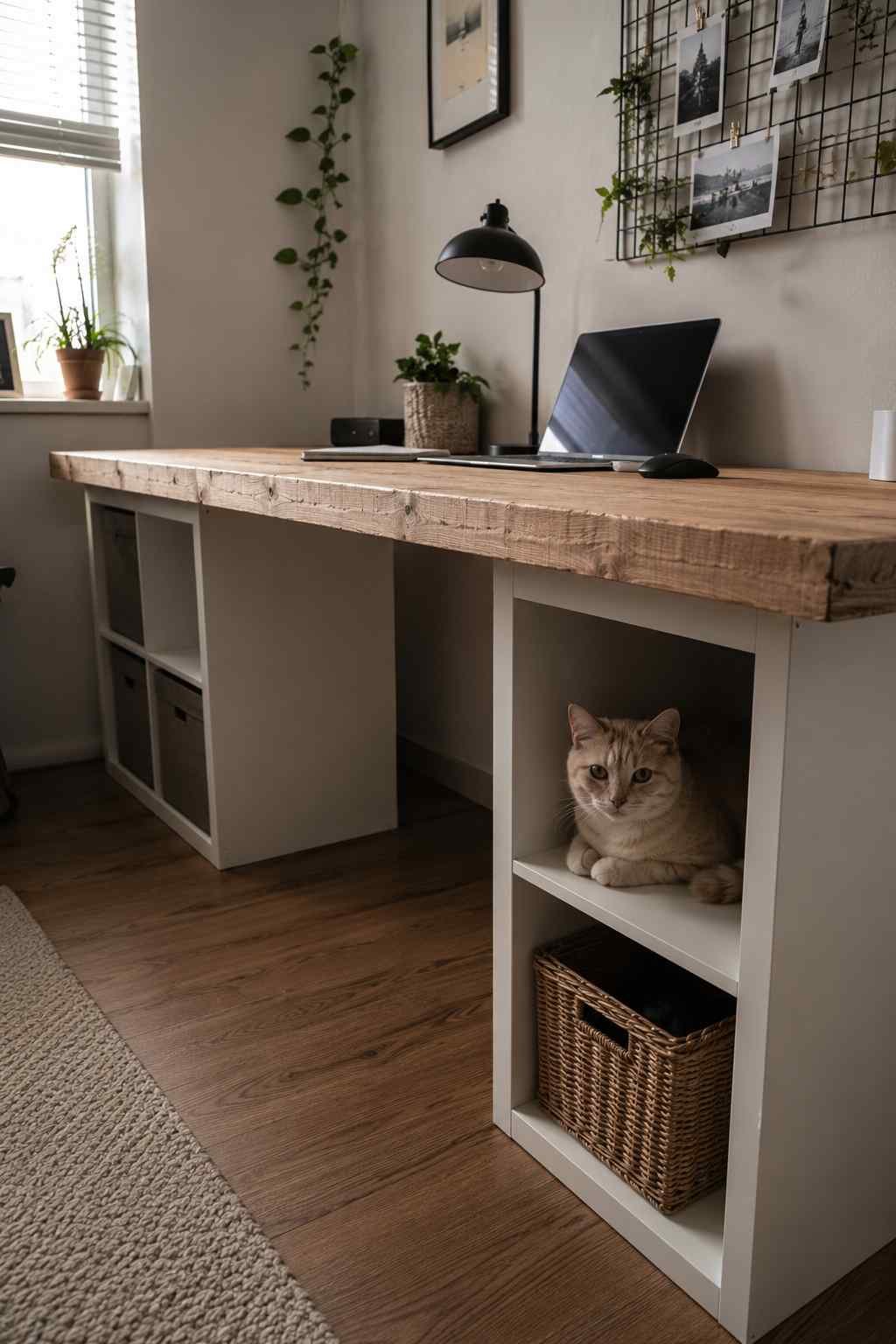 Rustic wood desk with white cube storage shelves in a modern home office featuring a laptop, black desk lamp, indoor plants, woven baskets, and a cozy reading nook for a cat.