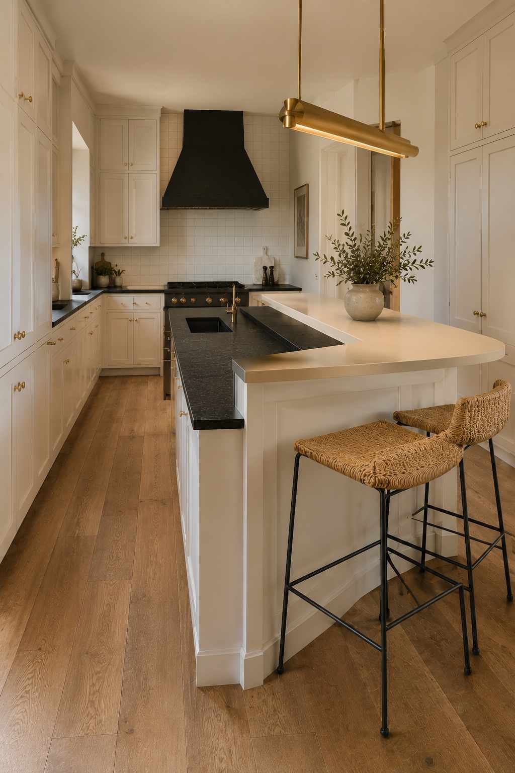 Compact galley kitchen featuring a two-tier kitchen island with a black leathered granite prep surface, raised white breakfast bar, warm white shaker cabinets, brass hardware, woven bar stools, a black range hood, and warm wood flooring in soft natural daylight.