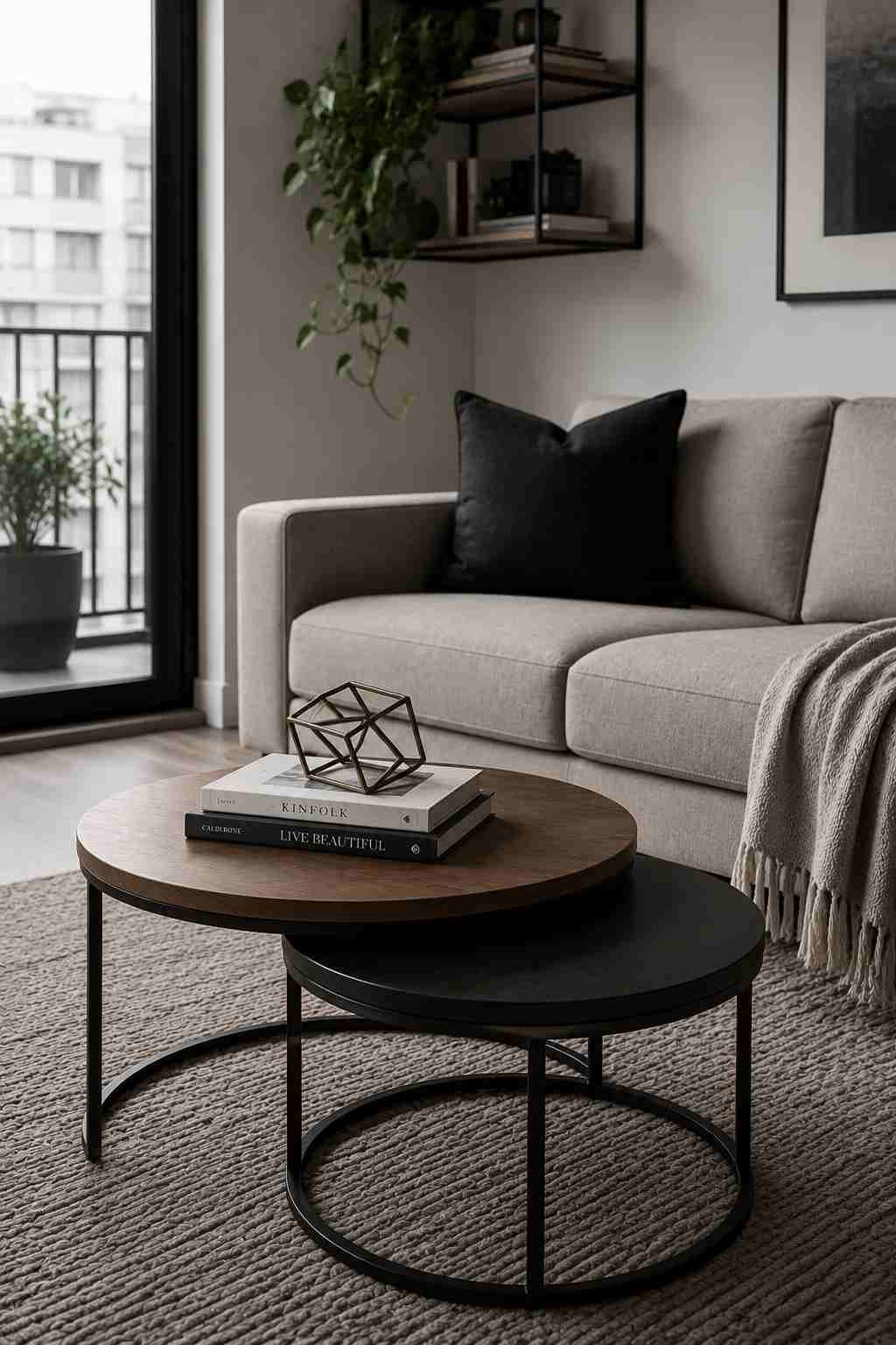 Two-tier nesting coffee table set styled in a compact modern living room