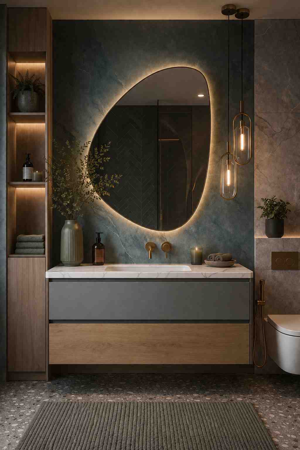 Modern floating bathroom vanity with a two-tone wood and gray cabinet, asymmetrical LED backlit mirror, white integrated sink, brass wall-mounted faucet, warm pendant lighting, built-in storage shelving, textured blue accent wall, and contemporary luxury bathroom design.