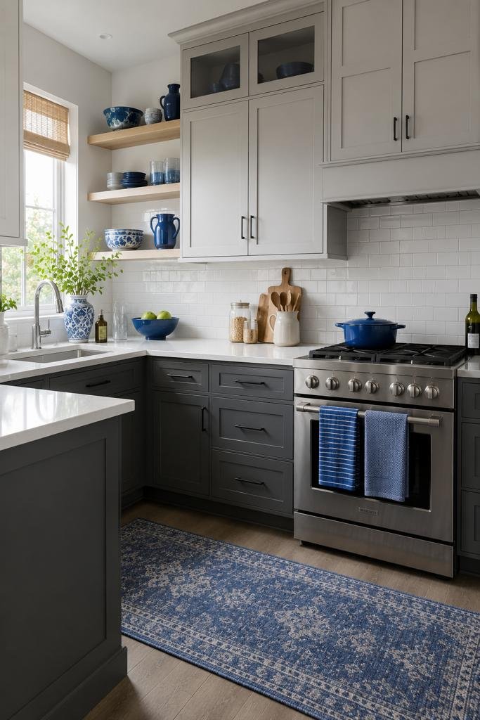 Photorealistic modern kitchen featuring light grey upper cabinets and charcoal grey lower cabinets, white countertops, blue ceramic dishware displayed on open wood shelves, blue linen dish towels on a stainless steel oven, a blue runner rug, and bright natural daylight illuminating the space.