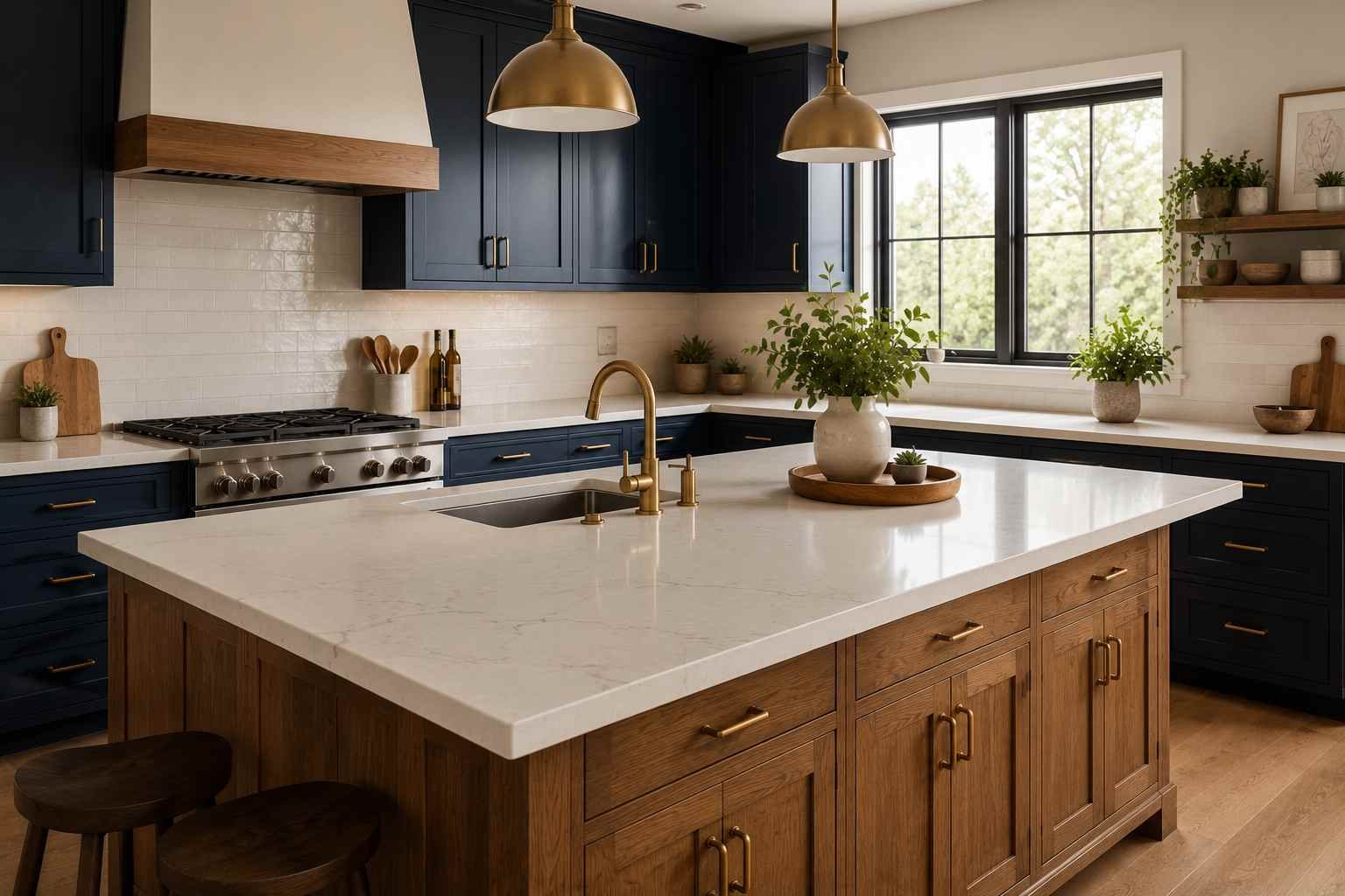 Modern two-tone kitchen featuring a warm natural wood island, deep navy cabinets, a continuous white quartz countertop, brushed brass hardware, minimalist backsplash, and abundant natural daylight for a sophisticated, high-end design.