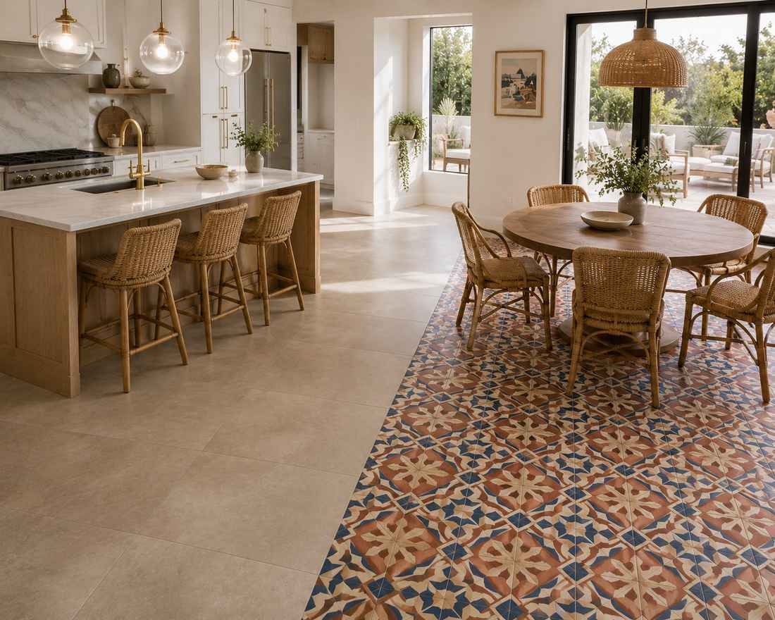 Open-plan modern kitchen and dining area featuring a two-tone floor transition from warm greige large-format porcelain tiles in the kitchen to Mediterranean-inspired encaustic-style patterned tiles in terracotta, cream, and deep blue beneath the round wooden dining table. White cabinetry, brass hardware, rattan dining chairs, and abundant natural light create a warm, inviting space.