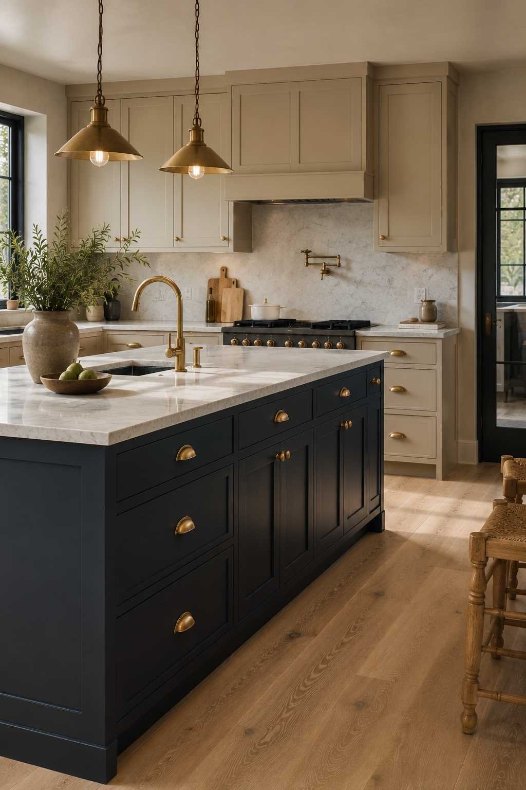 Modern two-tone kitchen featuring a deep navy island, warm beige shaker cabinets, light stone countertops, brass hardware, white oak flooring, and soft natural light creating a balanced, timeless design.