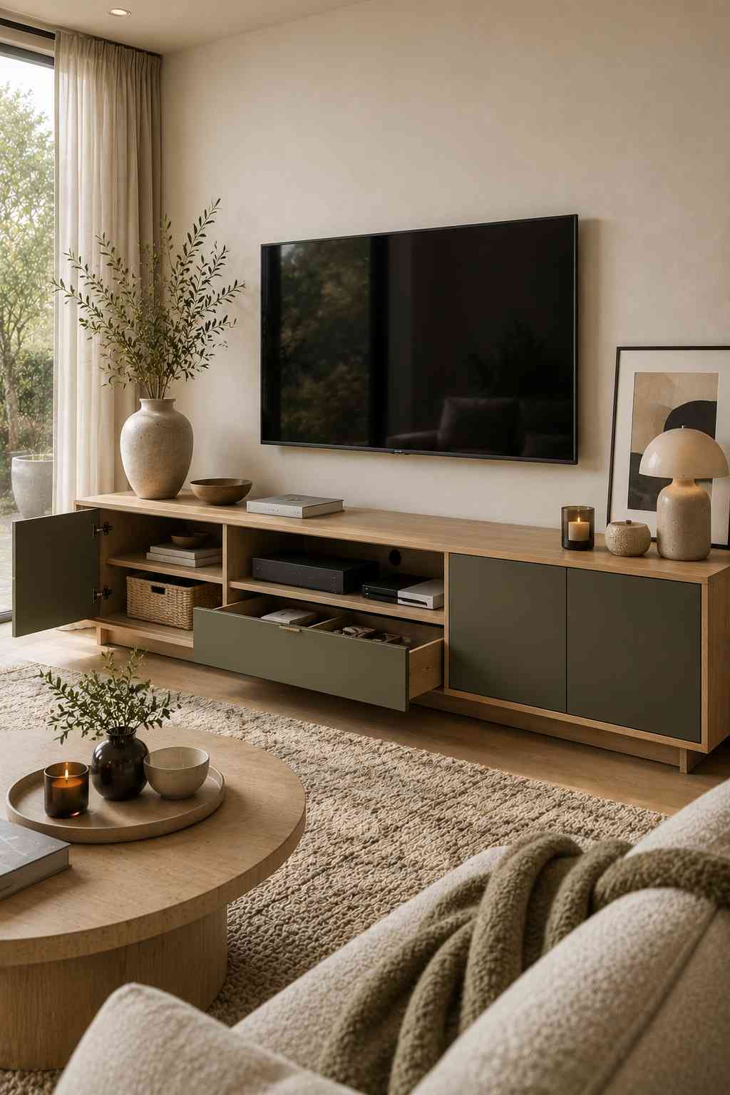 A cozy modern living room featuring a two-tone TV unit in natural wood and muted olive green. The open drawer and cabinet reveal neatly organized storage with woven baskets, media devices, and everyday essentials, while soft natural light creates a warm, inviting atmosphere.