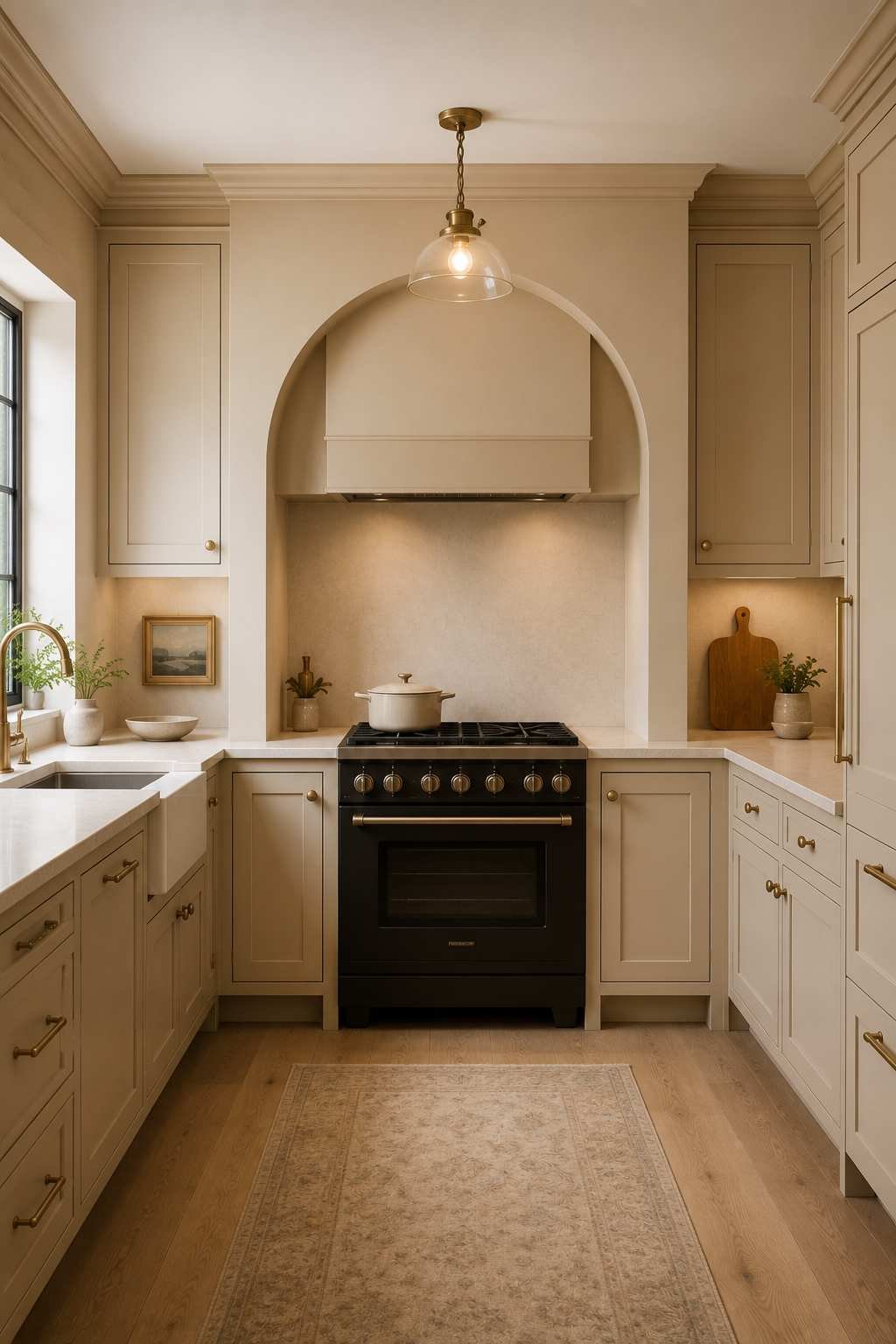 Elegant U-shaped kitchen featuring warm beige cabinets, a plaster arched range hood niche, cream stone countertops, brass hardware, white oak flooring, and soft natural light creating a timeless architectural focal point.