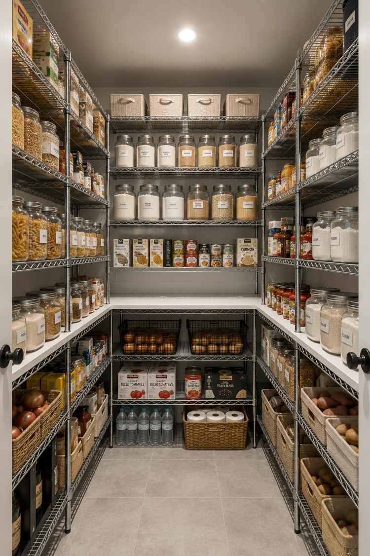 Bright U-shaped walk-in pantry with white wire shelving, labeled glass storage jars, bulk food organization, lower produce bins, a central worktop, and clean, symmetrical storage for everyday essentials.