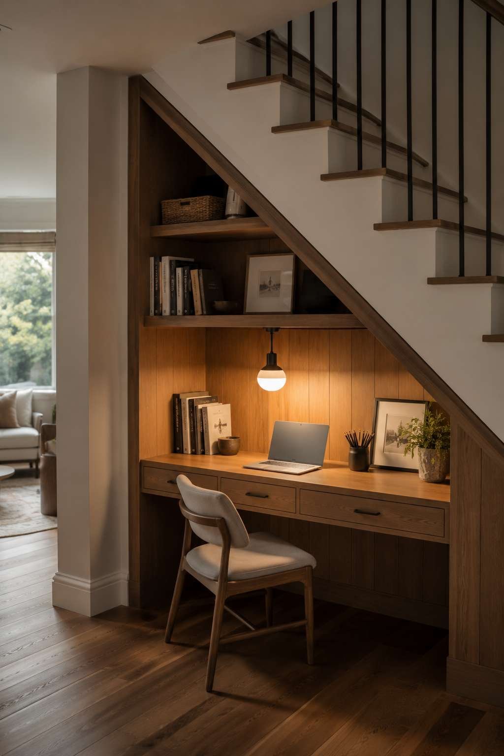 Compact desk built into the space under a staircase with warm pendant light, books, and a laptop, cozy under-stair study nook.