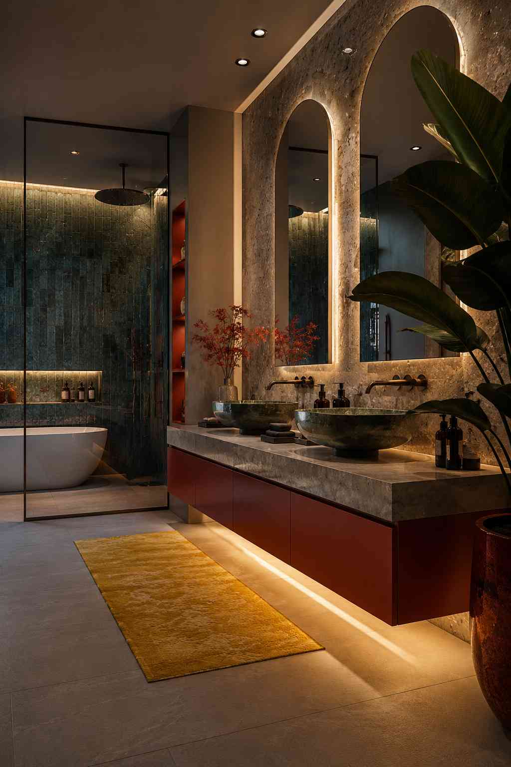 Elegant contemporary bathroom featuring a floating deep red double vanity with green stone vessel sinks, large backlit arched mirrors, warm brass wall-mounted faucets, a glass walk-in shower with textured blue-green tiled walls, a freestanding bathtub, lush indoor plants, and soft ambient lighting for a luxurious spa-inspired atmosphere.
