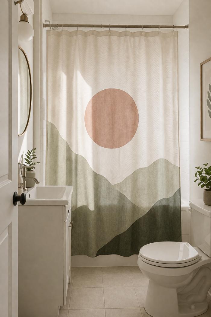 Minimalist shower curtain with soft green hills and a blush sun, adding a calm, nature-inspired look to a bright white bathroom.