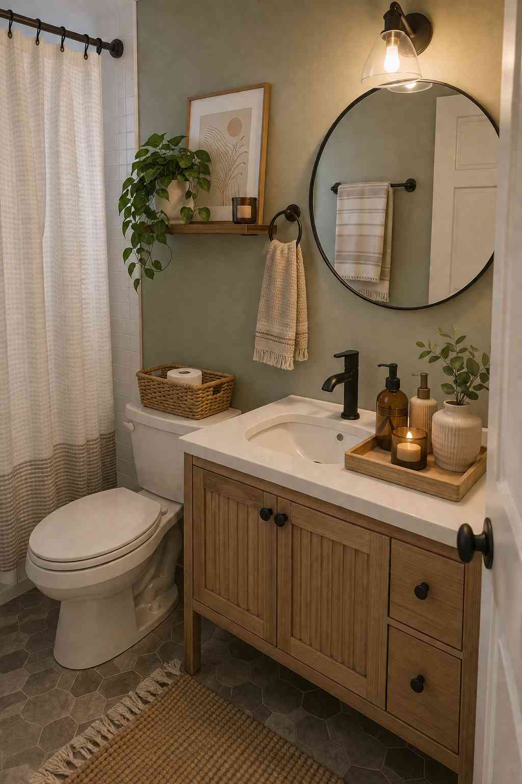 Small bathroom with a sage green accent wall, light wood vanity, round black mirror, and simple black fixtures. A woven basket, leafy plant, and soft neutral shower curtain add warmth and make the space feel calm and inviting.