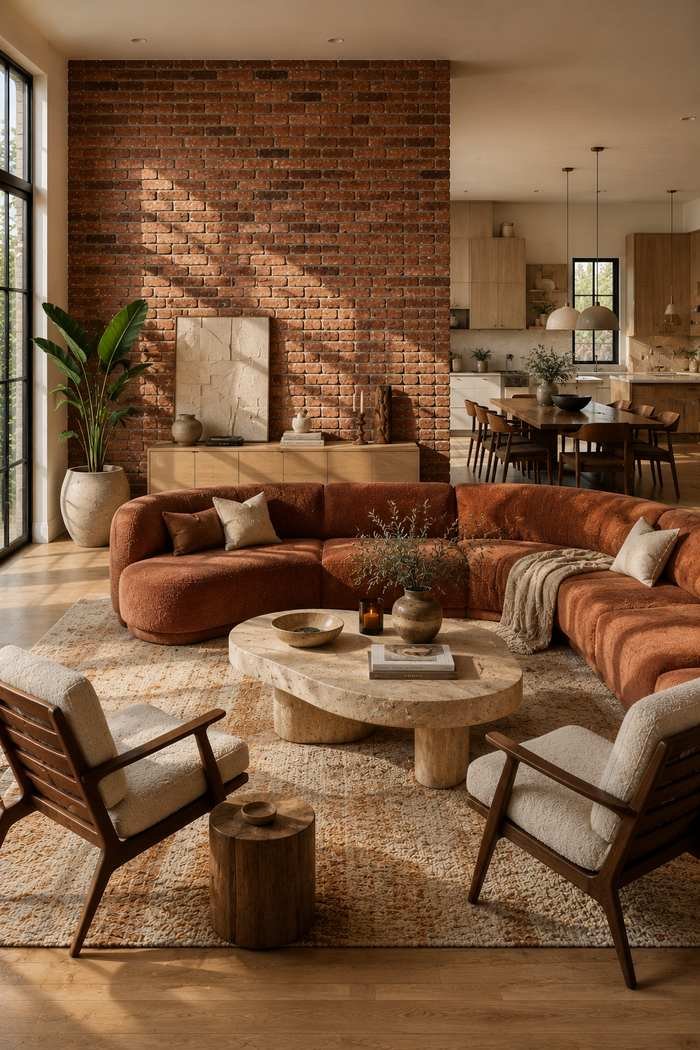 An open-concept living room anchored by an exposed brick wall, featuring a terracotta curved sectional, travertine coffee table, walnut accent chairs, and a seamless transition into the dining and kitchen area.