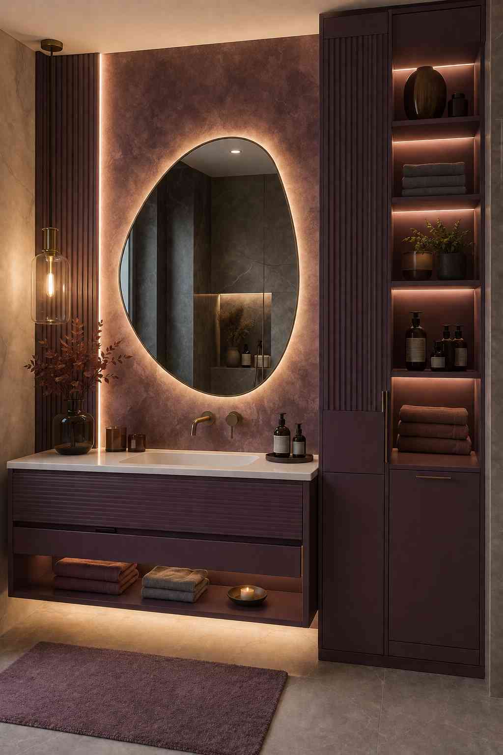 Luxury plum floating bathroom vanity with an asymmetrical LED backlit mirror, integrated white sink, tall built-in storage cabinet, brushed brass wall-mounted faucet, and warm ambient lighting in a modern contemporary bathroom.
