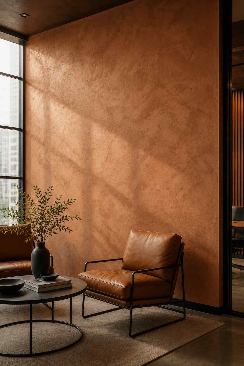Soft textured Venetian plaster accent wall in warm clay tone behind a modern office lounge seating area 