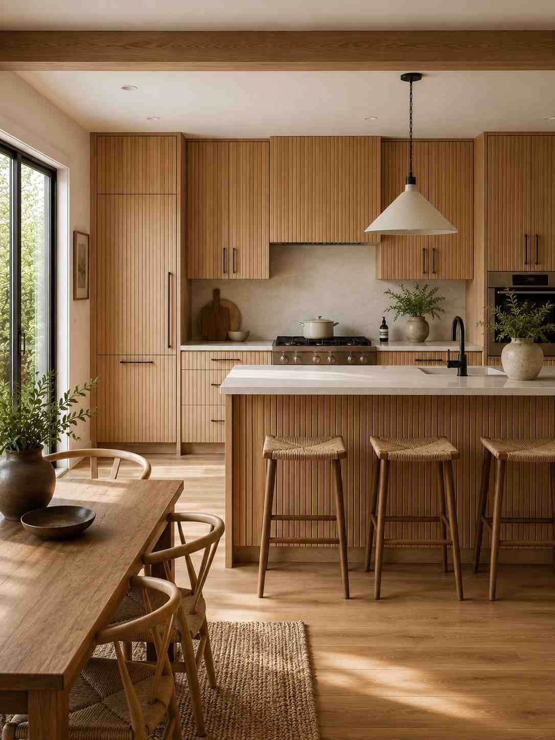 Ultra-realistic open-concept kitchen featuring vertical beadboard-style white oak cabinets with finely milled grooves, a matching beadboard island, matte black bar pulls, light quartz countertops, woven bar stools, a solid oak dining table with Wishbone chairs, warm wood flooring, abundant natural daylight, and a modern organic farmhouse-inspired design.