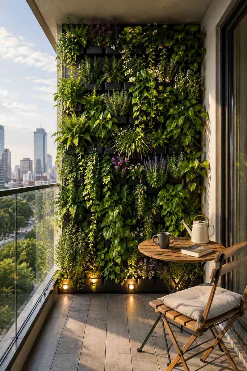 A modern apartment balcony featuring a lush vertical garden wall filled with herbs, ferns, trailing vines, and flowering plants. The compact outdoor space includes a wooden bistro chair, a round table with a coffee mug and watering can, warm wood flooring, glass railings, and panoramic city skyline views bathed in golden-hour sunlight.