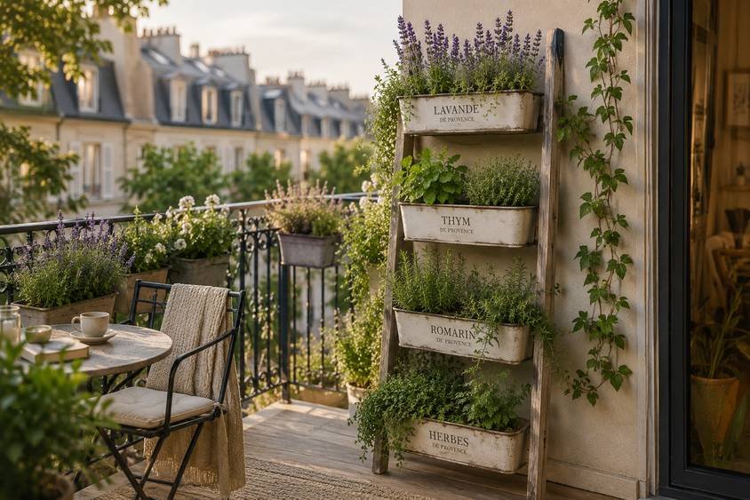 French country apartment tiny balcony with a vertical herb ladder planter, lavender flowers, bistro table, cozy chair, and climbing vines creating a charming small outdoor patio space