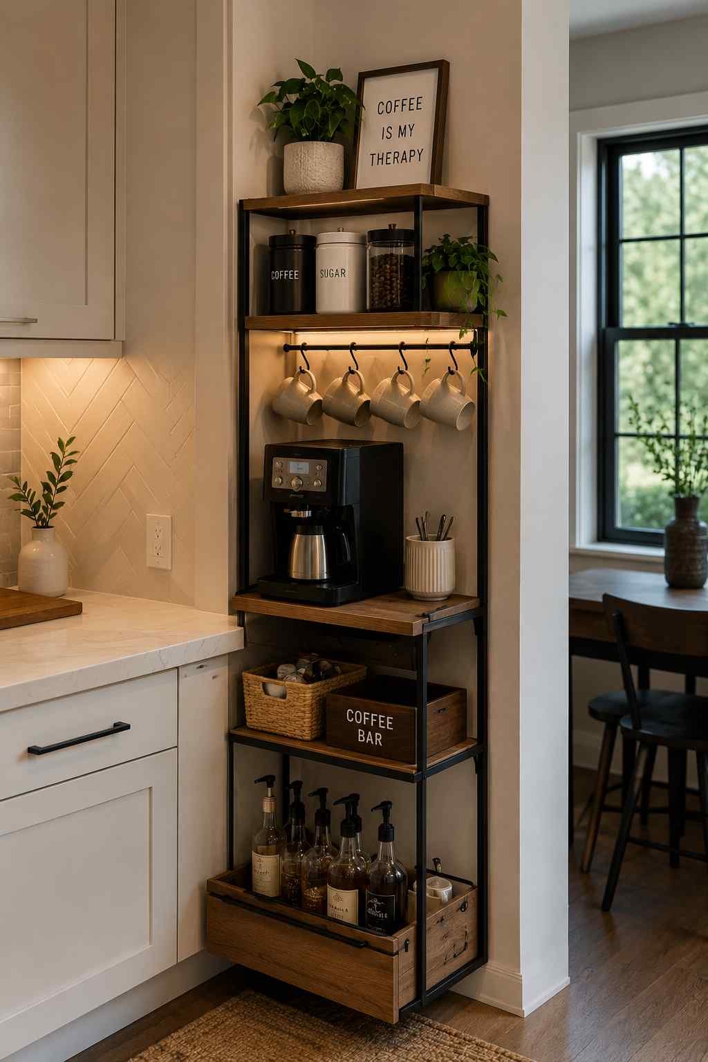 A slim coffee station shelf tucked beside the kitchen with mugs, storage jars, a coffee maker, and warm wood accents.