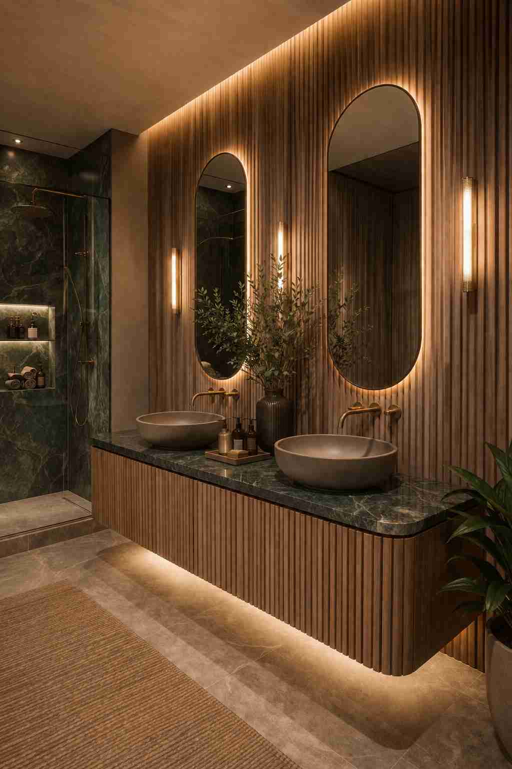 Modern luxury bathroom featuring a floating fluted wood double vanity with dark stone vessel sinks, green marble countertop, twin backlit arched mirrors, warm brass wall-mounted faucets, vertical wood slat walls, a glass walk-in shower with green marble-effect tiles, and soft ambient lighting for a spa-like atmosphere.