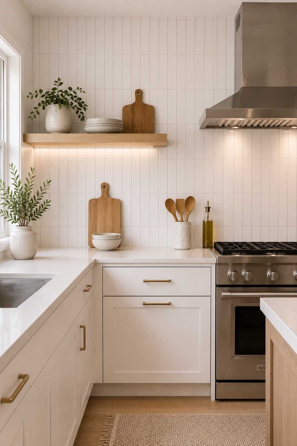 Contemporary white kitchen featuring a vertical stack white subway tile backsplash, white shaker cabinets, white quartz countertops, floating wood shelves, brass hardware, and a stainless steel range, creating a clean, modern design that draws the eye upward.
