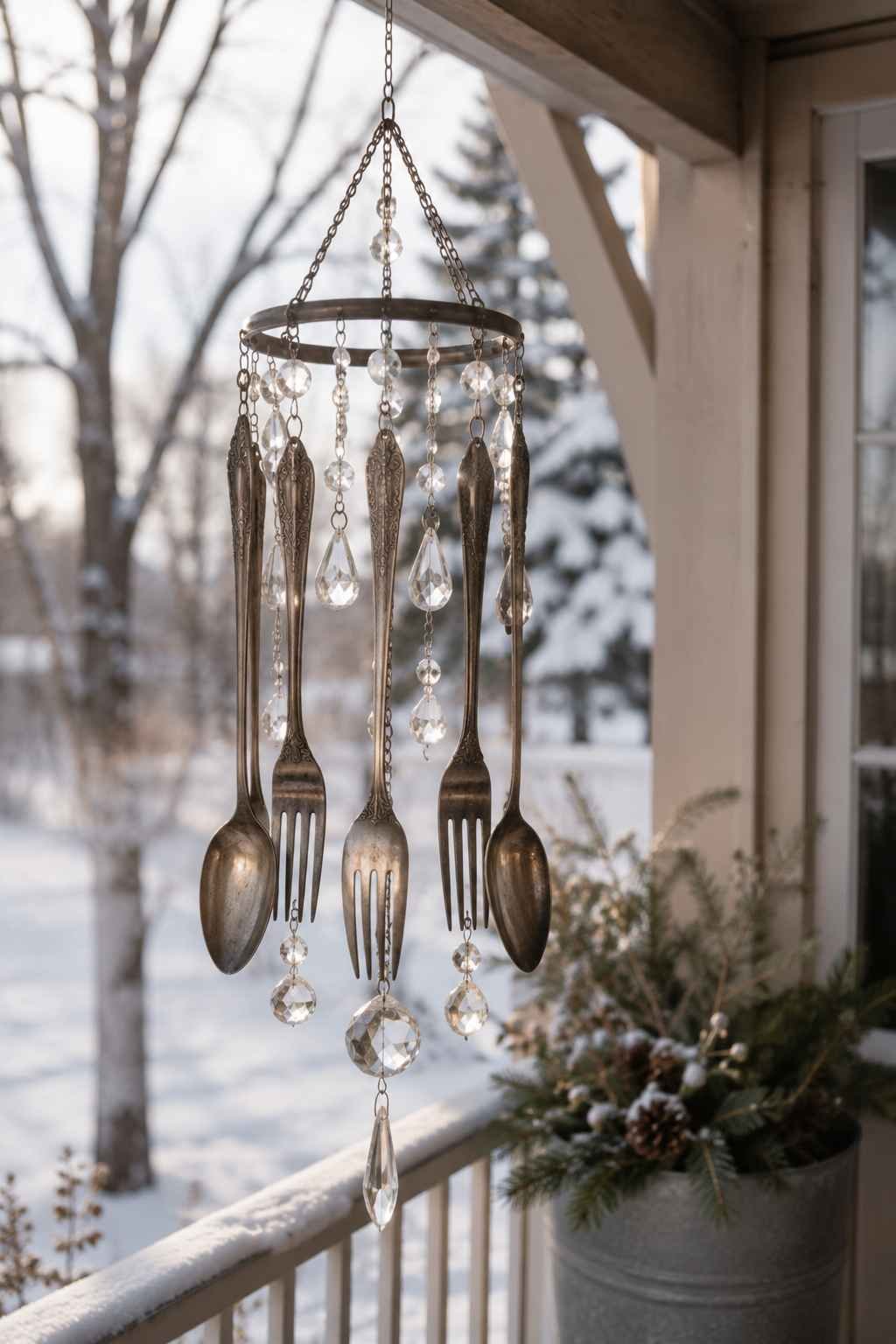 A vintage silverware wind chime with hanging crystal prisms sparkles on a snowy porch in soft winter light. 