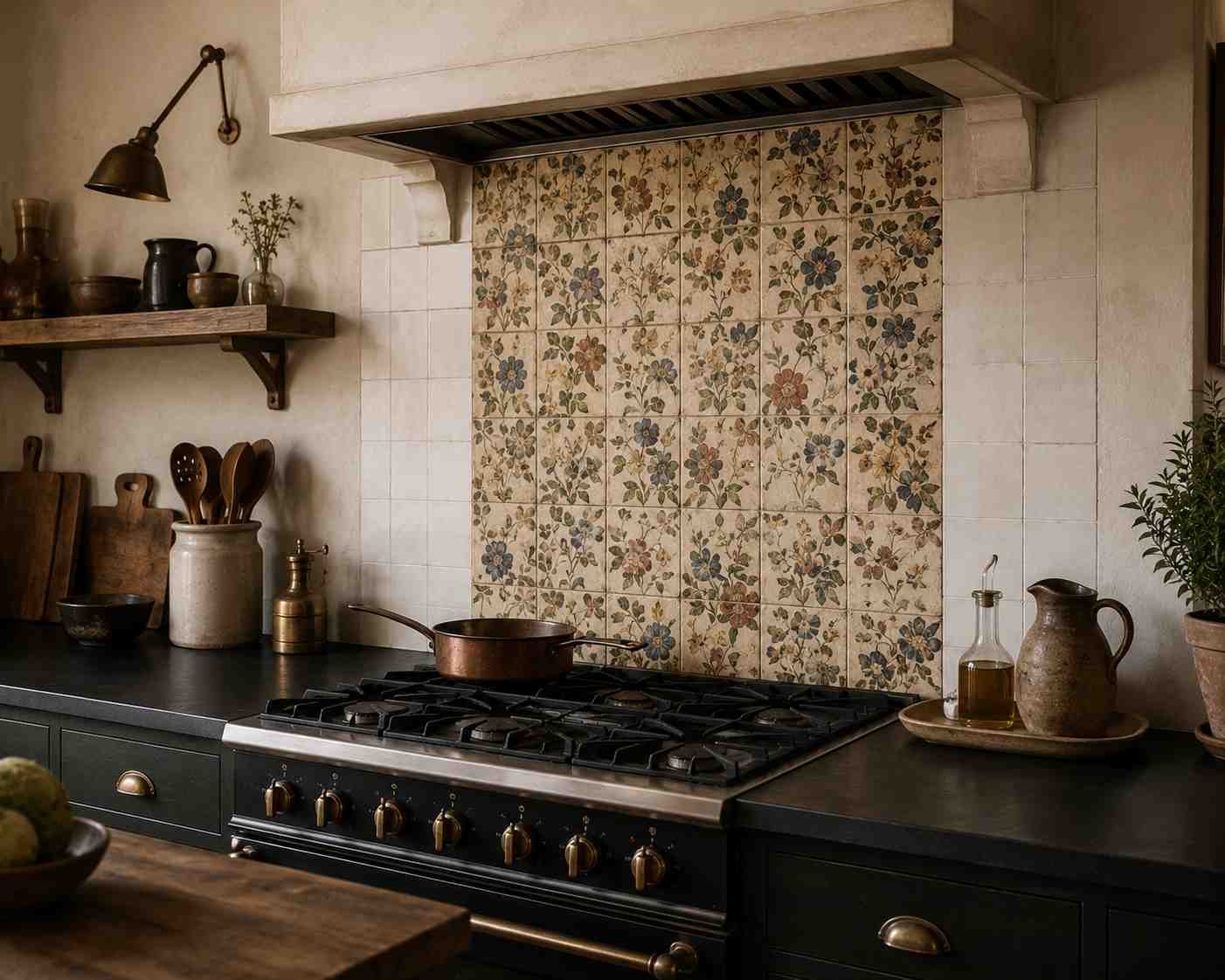 Rustic kitchen with a vintage floral tile backsplash behind the stove, matte black countertop, antique-style range, warm wood shelving, aged brass accents, and soft natural light creating a timeless farmhouse-inspired atmosphere.