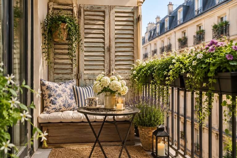 Reclaimed wooden shutters used as a privacy screen on a small apartment balcony