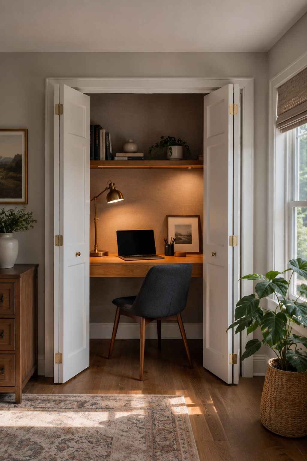 Small closet converted into a desk nook with bifold doors open, warm task lamp, and a minimal book shelf above.