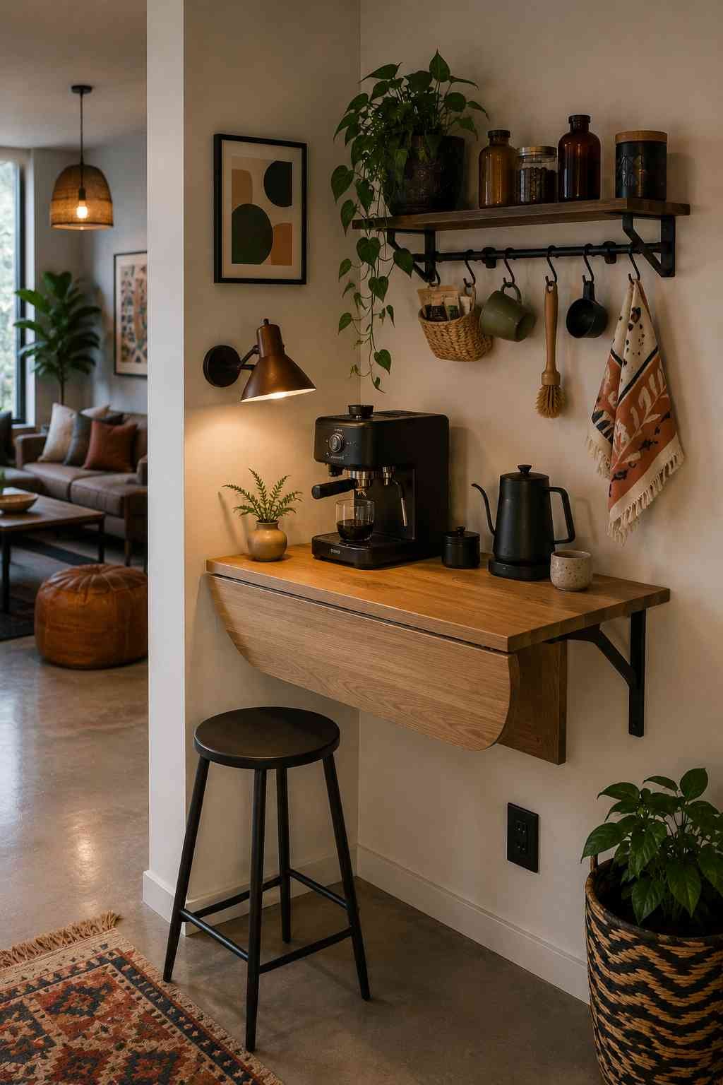 A compact wall-mounted fold-down coffee bar with open shelving, hanging mugs, and a single stool