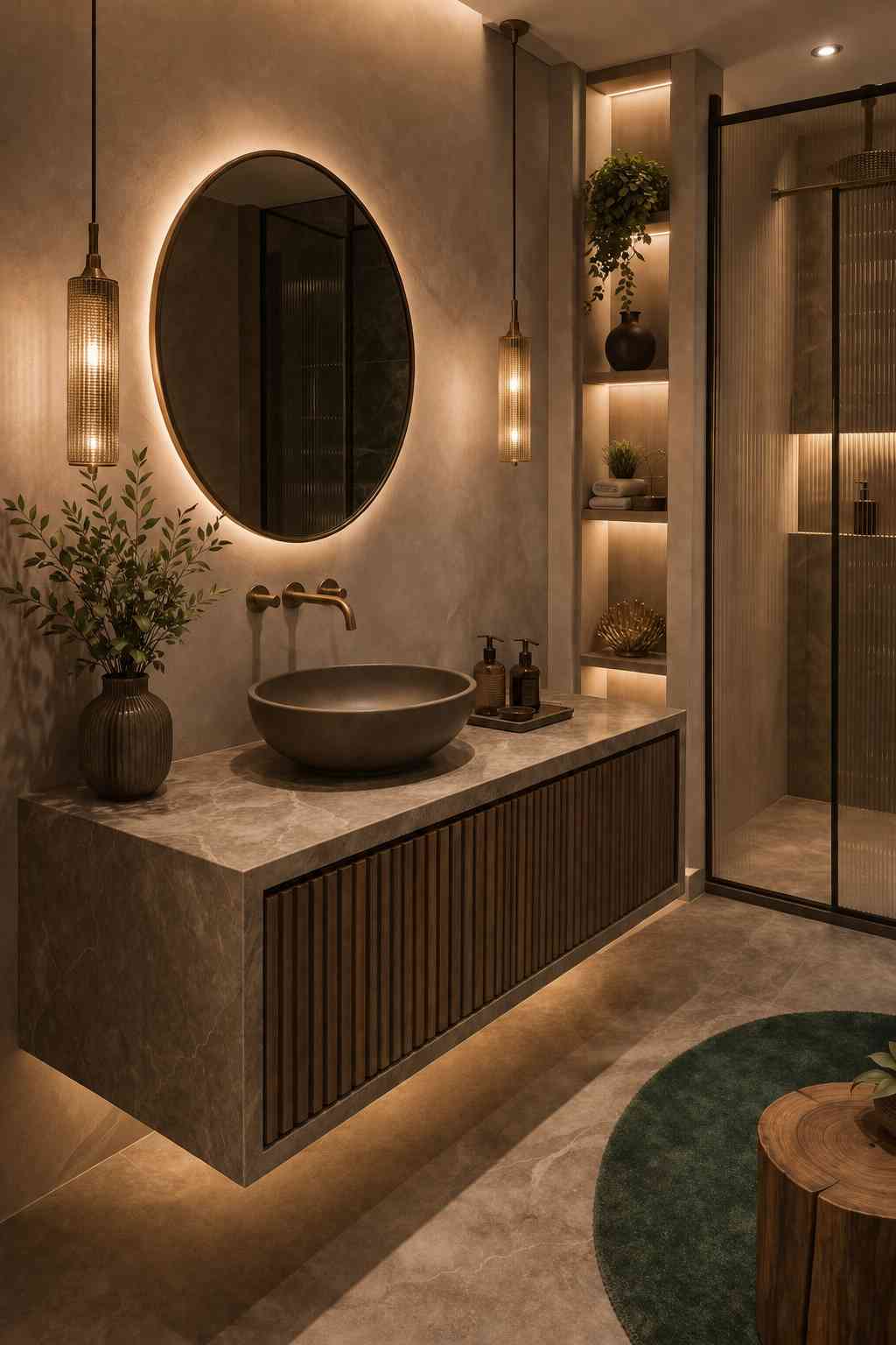 Modern spa-inspired bathroom with a floating stone vanity, dark round vessel sink, backlit oval mirror, warm pendant lighting, fluted wood cabinet detailing, illuminated built-in shelves, a glass walk-in shower with ribbed glass panels, and soft ambient lighting creating a cozy, luxurious atmosphere.