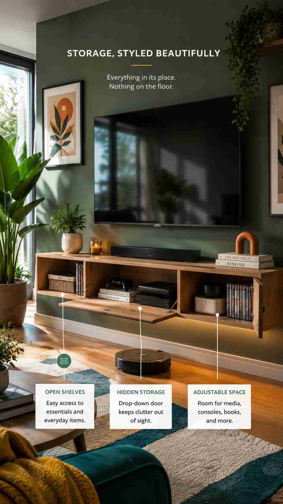 A cozy living room with a floating wooden TV stand that offers a mix of open shelves and hidden storage. The wall-mounted design keeps the floor clear, making the space feel bigger and easier to clean.