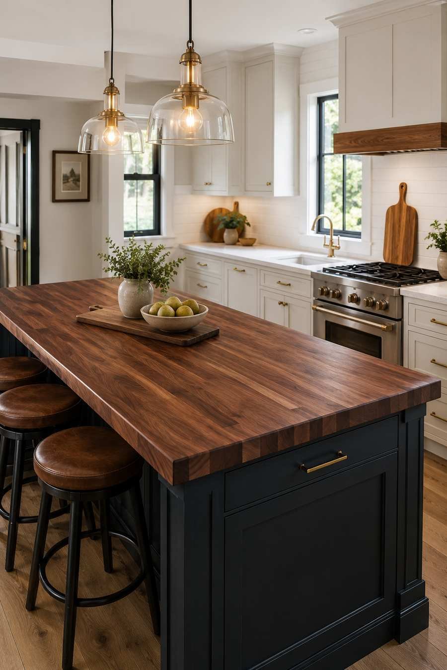 Modern kitchen featuring a rich walnut butcher block island countertop, white quartz perimeter countertops, soft white shaker cabinets, brass pendant lights, leather bar stools, light oak flooring, and warm natural daylight in a Scandinavian farmhouse design.