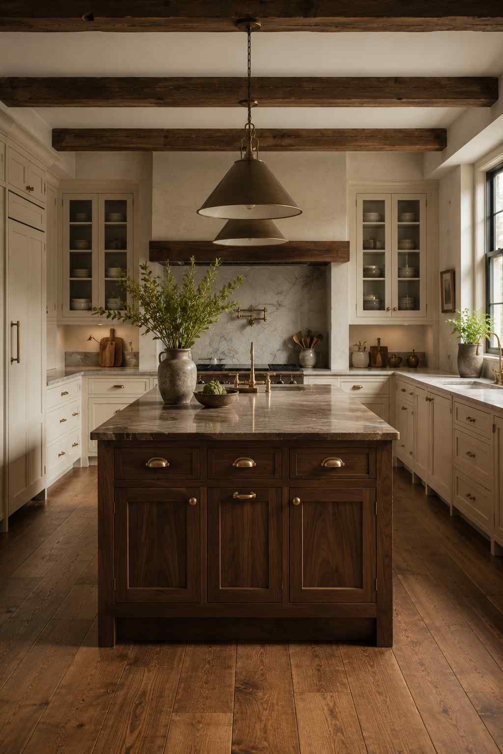 A balanced highland-style kitchen features a rich walnut-stained island framed by cream-painted perimeter cabinets, creating a warm contrast. Brushed brass hardware ties the two finishes together, while soft natural light highlights the walnut grain and fills the space with a calm, inviting glow.