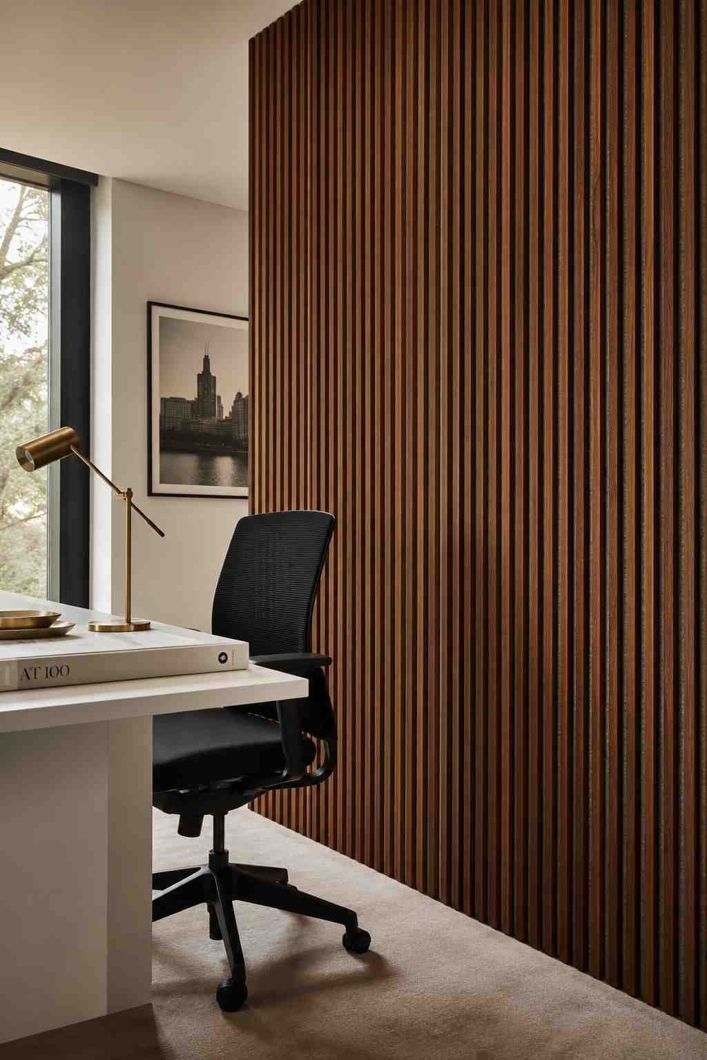 Modern corporate office with a floor-to-ceiling walnut wood slat accent wall behind a minimalist desk setup 