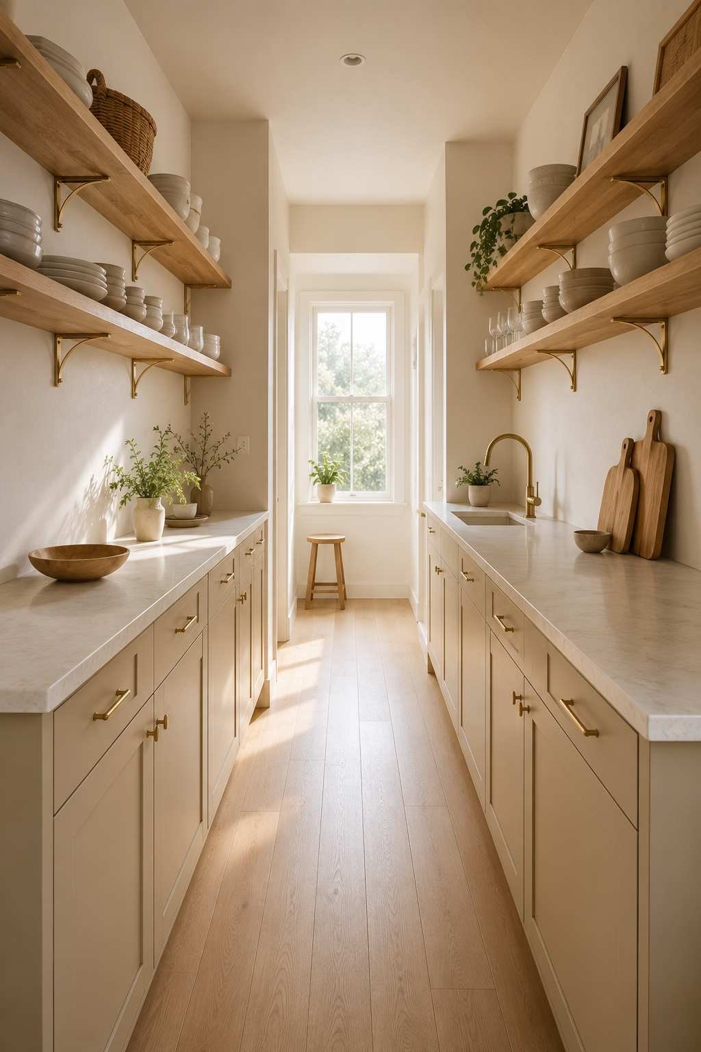 Narrow galley kitchen featuring warm beige lower cabinets, open white oak floating shelves with brass brackets, cream stone countertops, white oak flooring, and soft natural light creating a bright, spacious feel.