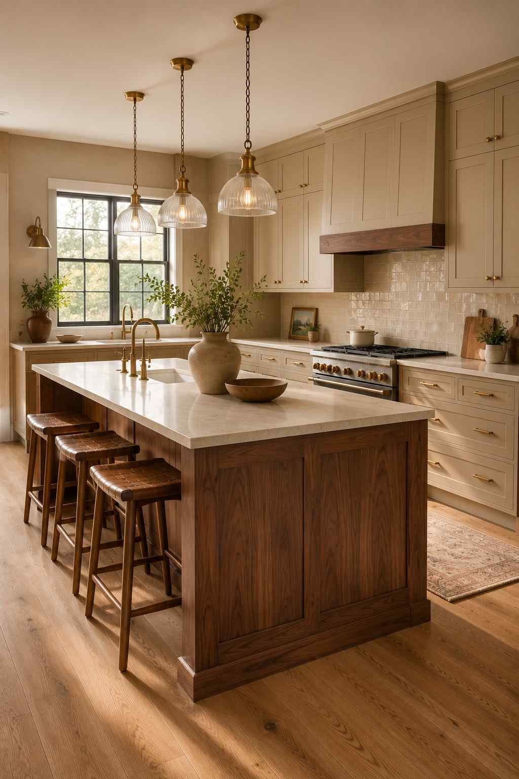 Elegant two-tone kitchen featuring warm beige shaker cabinets, a rich walnut waterfall island, cream stone countertops, brass pendant lights, white oak flooring, and soft natural light for a timeless modern design.