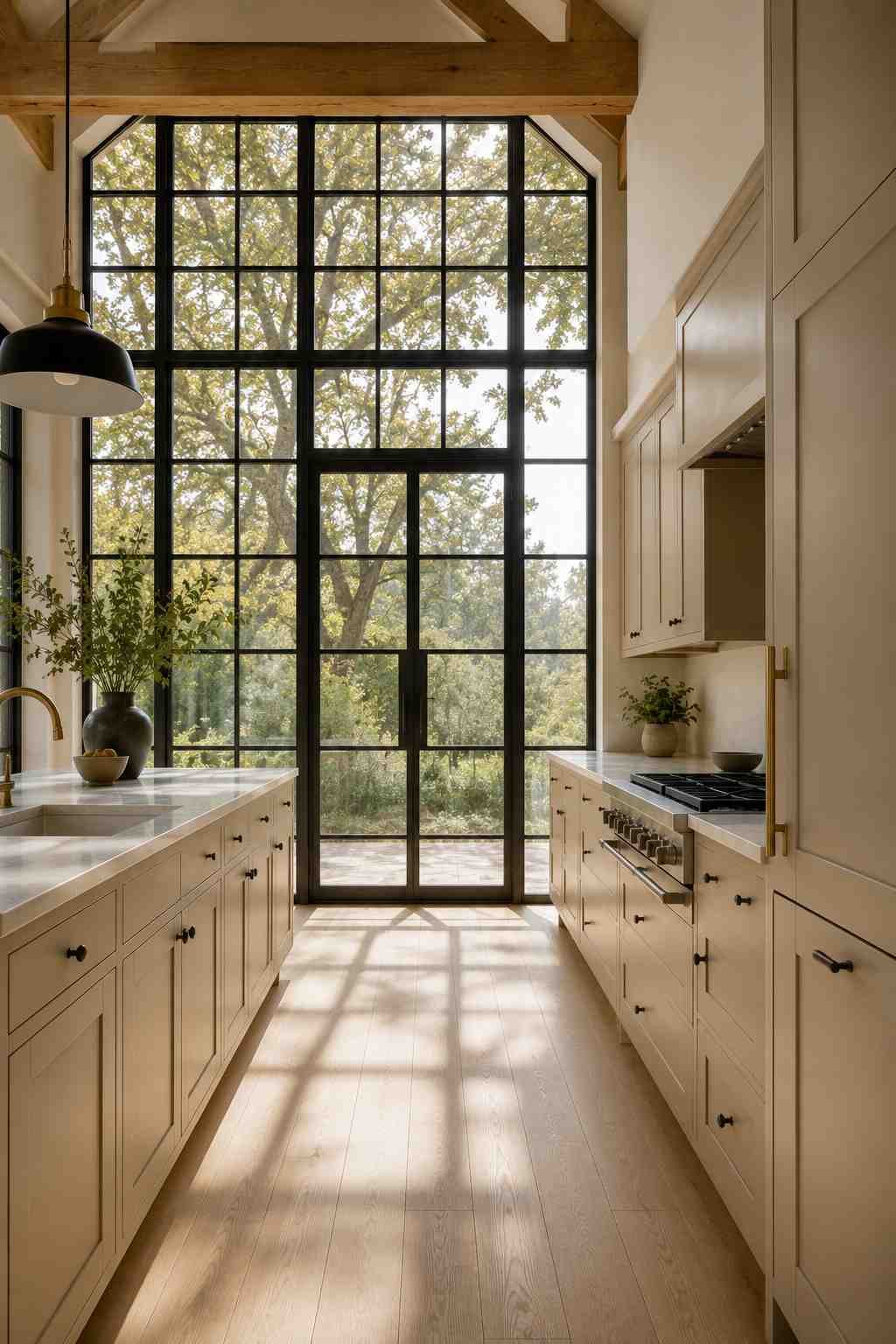 Modern industrial-transitional kitchen featuring warm beige cabinets, floor-to-ceiling black steel-framed windows, cream stone countertops, white oak flooring, brass accents, and abundant natural light creating an airy, architectural space.