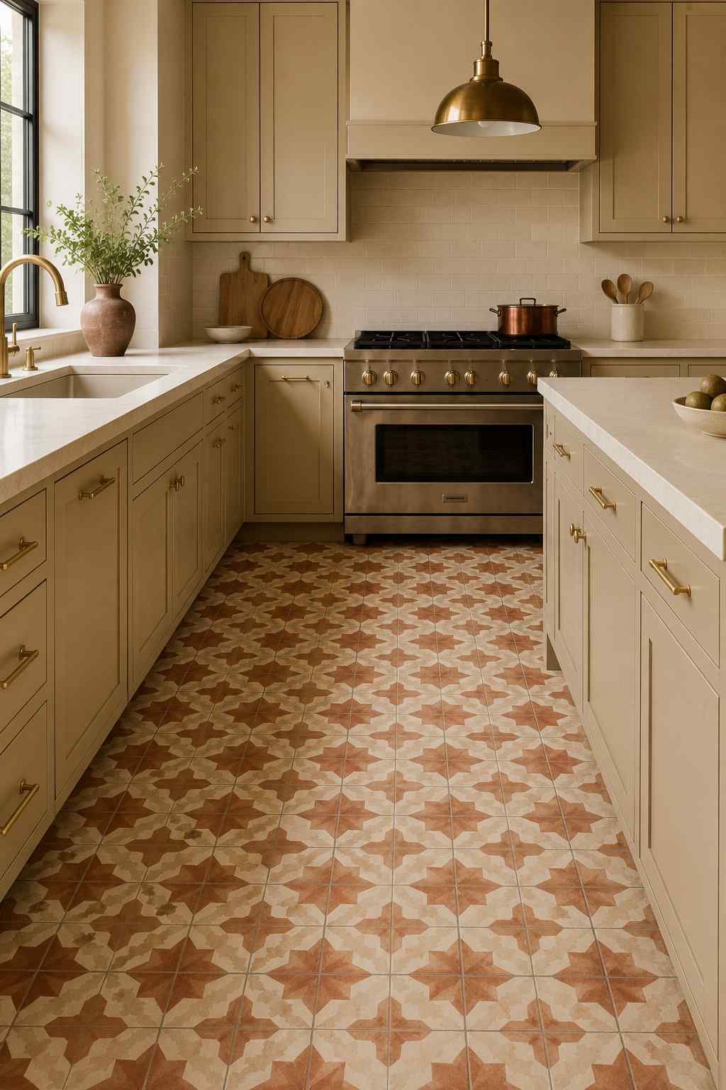 Modern traditional kitchen featuring warm beige shaker cabinets, a terracotta and cream encaustic cement tile floor, cream stone countertops, brass hardware, and soft natural light highlighting the handcrafted geometric tile pattern.