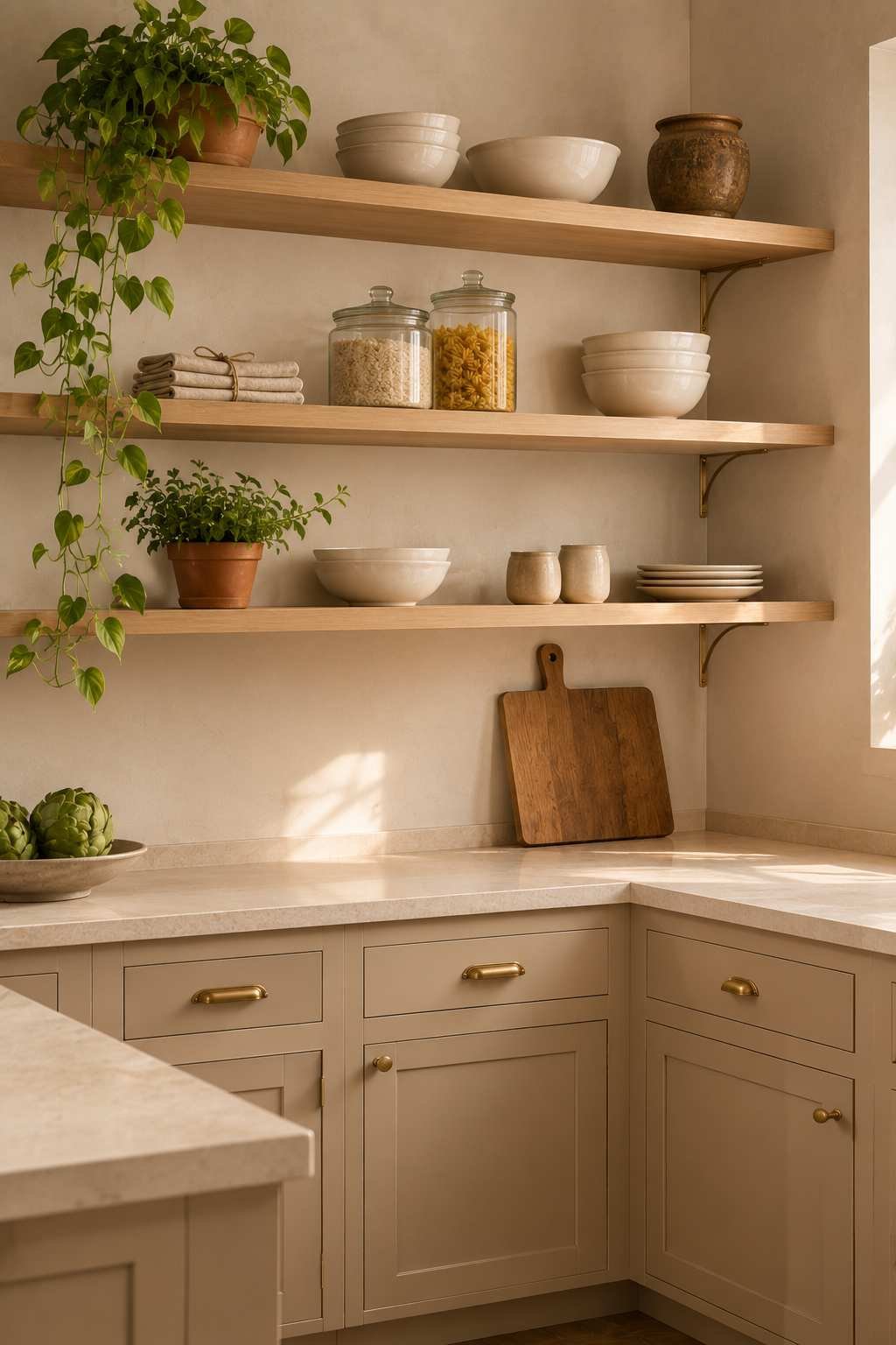 Modern kitchen featuring warm beige lower cabinets, open white oak shelves with brass brackets, cream stone countertops, curated ceramic dishware, glass storage jars, terracotta planters, and soft natural light for a clean, inviting look.