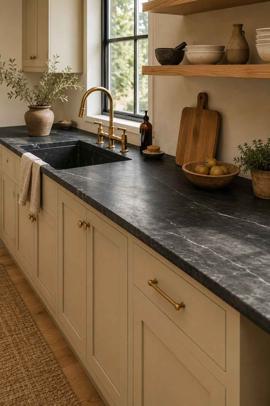 Modern kitchen featuring warm beige shaker cabinets, matte charcoal soapstone countertops with natural veining, unlacquered brass faucet and hardware, open white oak shelving, and soft natural light for a timeless, lived-in look.
