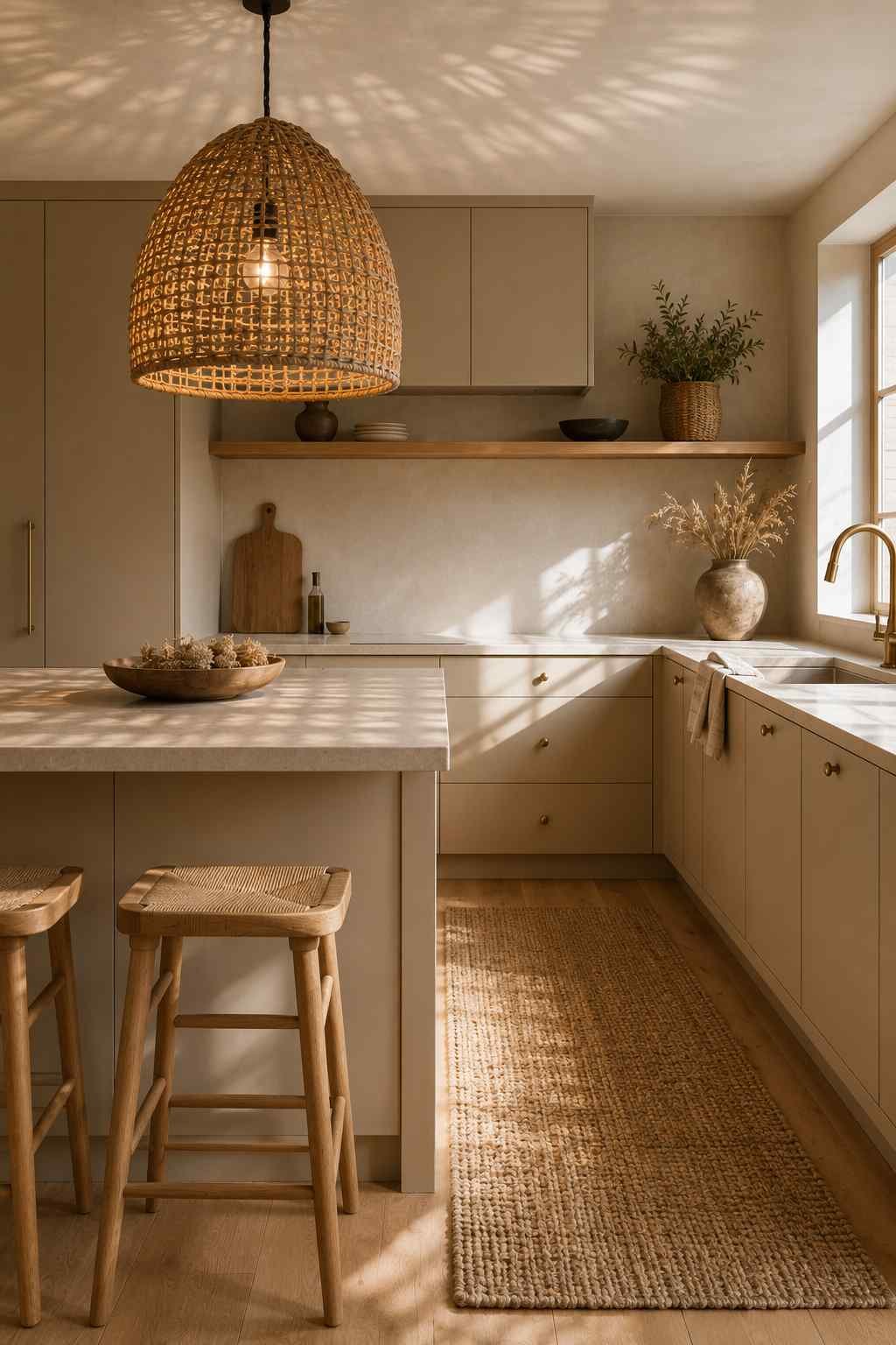Modern kitchen featuring warm beige cabinets, a woven rattan pendant light, cream stone countertops, white oak flooring, cane bar stools, a natural jute runner, and soft natural light creating rich layered textures.