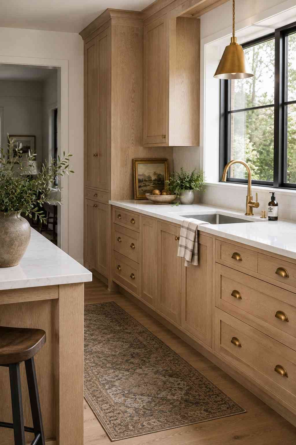 Ultra-realistic luxury kitchen featuring natural white oak cabinets paired with warm unlacquered brass bin pulls, brass faucet, and brass pendant lighting, complemented by white quartz countertops, warm wood flooring, and soft natural daylight for a timeless, high-end contemporary design.