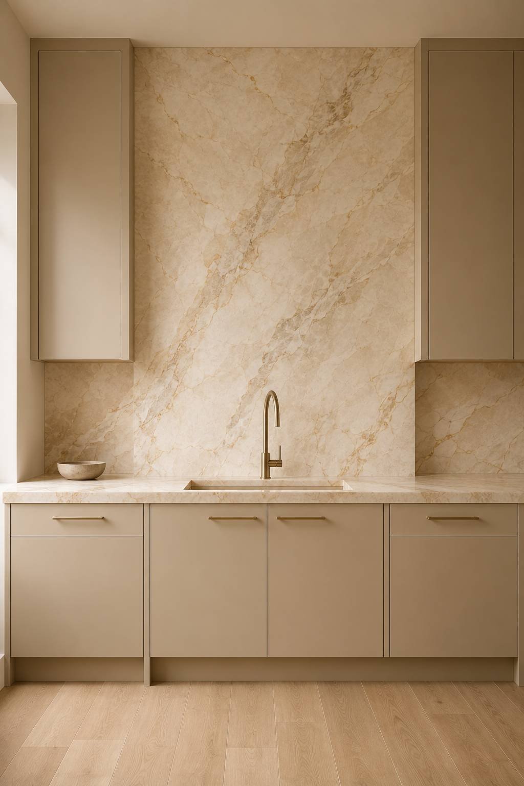Luxury modern kitchen with warm beige flat-panel cabinets, a full-height honey-toned marble slab backsplash, matching marble countertops, brushed brass faucet and hardware, pale white oak flooring, and soft natural light creating a serene, high-end interior.