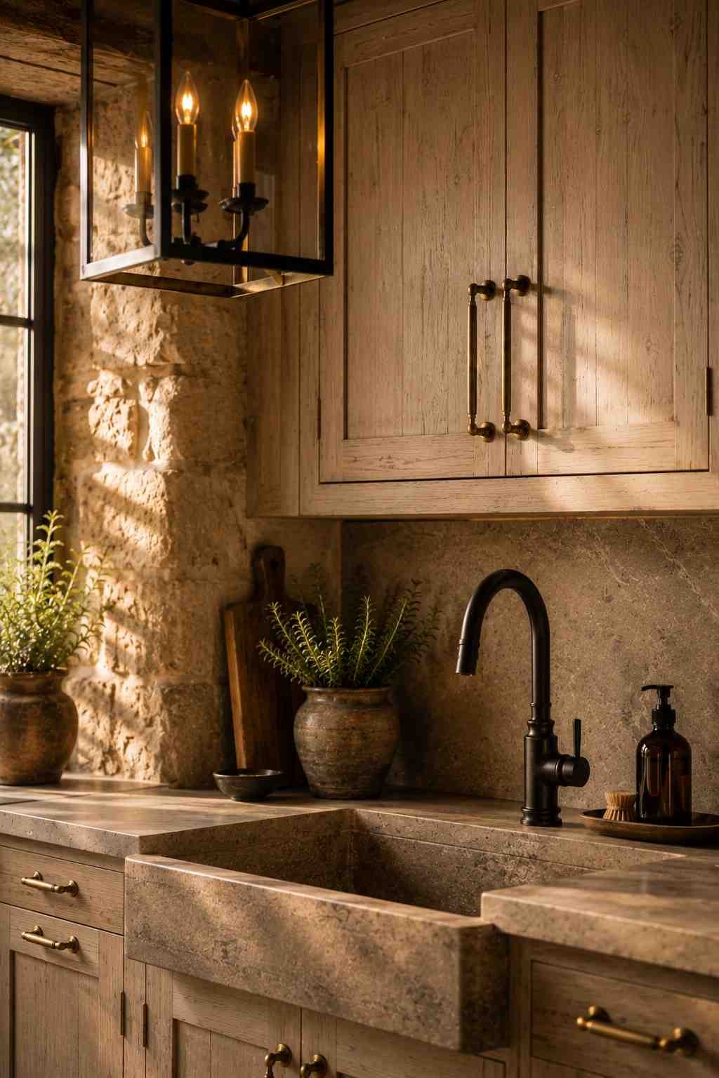 A close-up of coordinated kitchen finishes featuring aged brass cabinet pulls, a matte black faucet over a stone sink, and the edge of a wrought iron pendant light. Warm golden-hour light brings out the soft patina and natural textures, creating a timeless, handcrafted look.