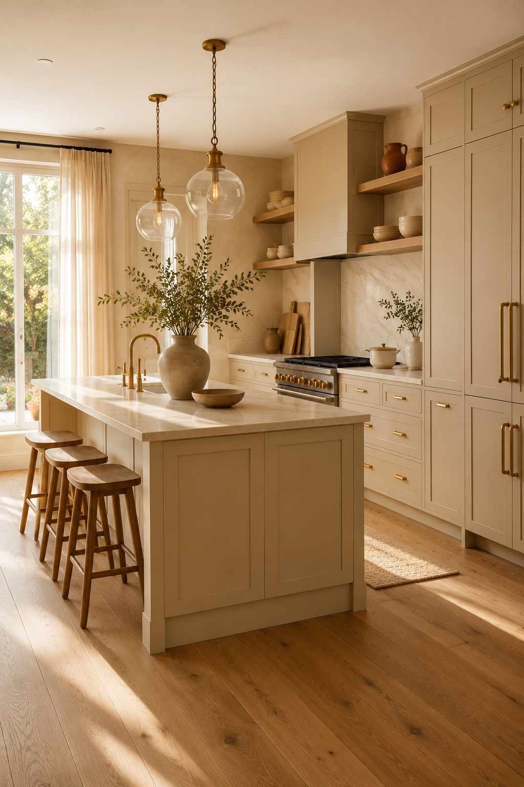 Sunlit modern kitchen featuring warm sand beige cabinets, a cream quartzite island, white oak flooring, brushed brass hardware, open wood shelving, and soft natural light creating a warm, elegant interior.