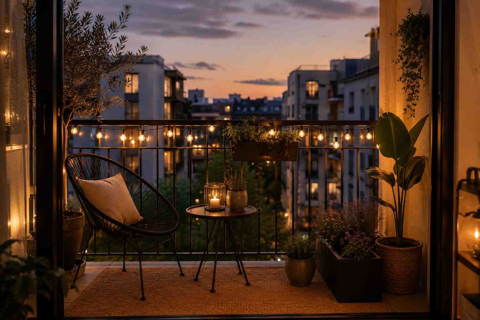 Warm string lights on a small apartment balcony railing at dusk