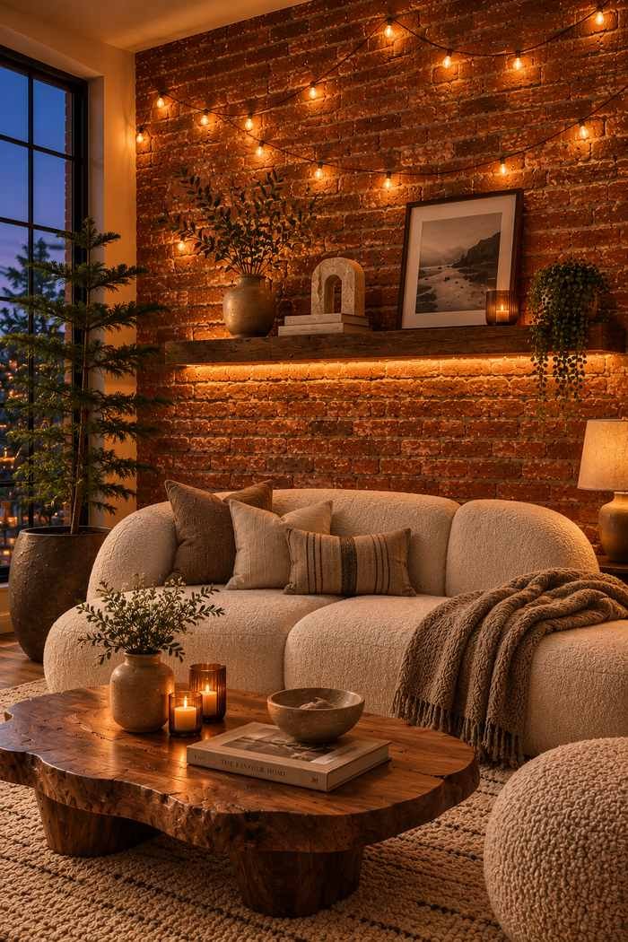A cozy living room with warm string lights and hidden LED shelf lighting highlighting an exposed brick wall, complemented by a curved cream sofa, natural wood furniture, and soft evening ambiance.